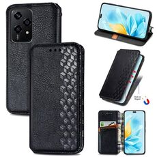 Custodia per telefono in pelle magnetica pressata con griglia cubica globale per Honor 200 Lite (nera)