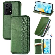 Custodia per telefono in pelle magnetica pressata con griglia cubica globale per Honor 200 Lite (verde)