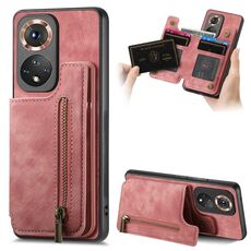 Custodia per telefono posteriore con cerniera in pelle retrò per Honor 50 (rosa)