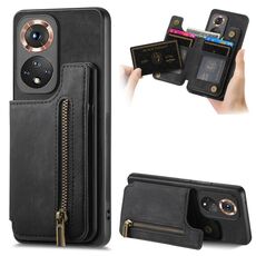 Custodia per cellulare posteriore con cerniera in pelle retrò per Honor 50 (nera)