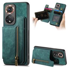 Custodia per telefono posteriore con cerniera in pelle retrò per Honor 50 (verde)