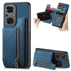 Custodia per telefono posteriore con cerniera in pelle retrò per Honor 50 SE (blu)