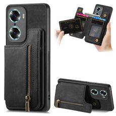 Custodia per telefono posteriore con cerniera in pelle retrò per Honor 60 (nera)