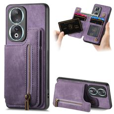 Custodia per telefono posteriore con cerniera in pelle retrò per Honor 90 (viola)