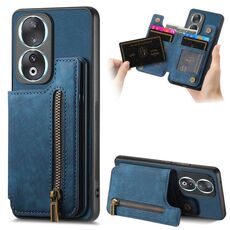 Per Honor 90 Retro Custodia in pelle con cerniera e portafoglio posteriore per telefono (blu)