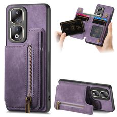Custodia per telefono posteriore con cerniera in pelle retrò per Honor 90 Pro (viola)