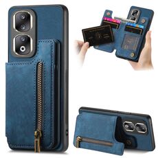 Custodia per telefono posteriore con cerniera in pelle retrò per Honor 90 Pro (blu)