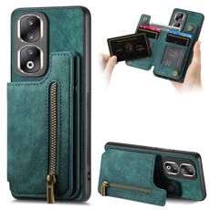Custodia per telefono posteriore con cerniera a portafoglio in pelle retrò per Honor 90 Pro (verde)
