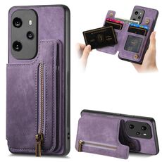 Custodia per telefono posteriore con cerniera in pelle retrò per Honor 100 Pro (viola)