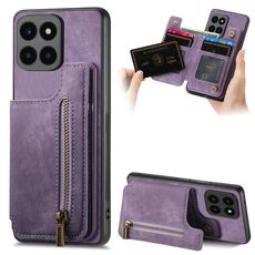 Custodia per telefono posteriore con cerniera in pelle retrò per Honor X6a (viola)