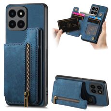 Custodia per telefono posteriore con cerniera in pelle retrò per Honor X6a (blu)