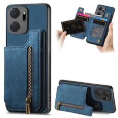 Custodia per telefono posteriore con cerniera in pelle retrò per Honor X7a (blu)