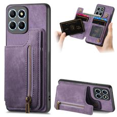 Custodia per telefono posteriore con cerniera in pelle retrò per Honor X8 5G (viola)