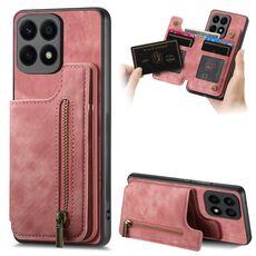 Custodia per telefono posteriore con cerniera in pelle retrò per Honor X8a (rosa)