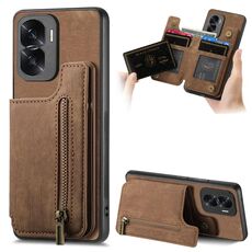Custodia per telefono posteriore con cerniera in pelle retrò per Honor X50i / 90 Lite (marrone)
