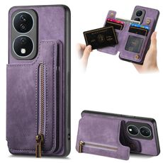Custodia per telefono posteriore con cerniera in pelle retrò per Honor X7b (viola)