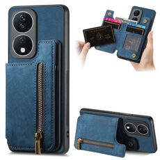 Per Honor X7b Retro Custodia in pelle con cerniera e portafoglio posteriore per telefono (blu)