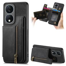 Custodia per telefono posteriore con cerniera in pelle retrò per Honor X7b (nera)