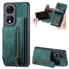 Custodia per telefono posteriore con cerniera in pelle retrò per Honor X7b (verde)