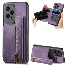 Custodia per telefono posteriore con cerniera in pelle retrò per Honor 200 Lite (viola)
