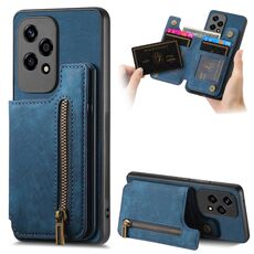 Custodia per telefono posteriore con cerniera in pelle retrò per Honor 200 Lite (blu)