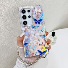 Per Samsung Galaxy S22 Ultra 5G Custodia per telefono con farfalla laser galvanica con cinturino da polso (farfalle blu AB4)