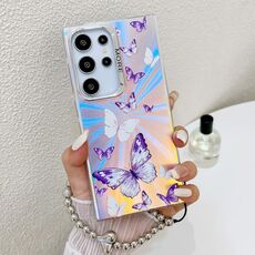 Per Samsung Galaxy S22 Ultra 5G Custodia per telefono con farfalla laser galvanica con cinturino da polso (farfalle bianche e viola AB6)