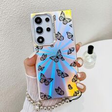 Per Samsung Galaxy S22 Ultra 5G Custodia per telefono con farfalla laser galvanica con cinturino da polso (farfalle nere AB5)