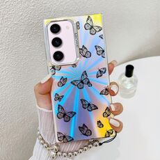 Per Samsung Galaxy S23+ 5G Custodia per telefono con farfalla laser galvanica con cinturino da polso (farfalle nere AB5)