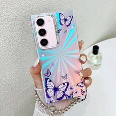 Per Samsung Galaxy S23+ 5G Custodia per telefono con farfalla laser galvanica con cinturino da polso (farfalle viola AB3)