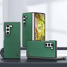 Custodia per telefono antiurto in pelle corteccia di albero per Samsung Galaxy Z Fold6 5G (verde)