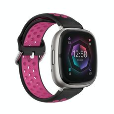 Per cinturino in silicone traspirante traforato bicolore Fitbit Sense (nero + rosa rossa)