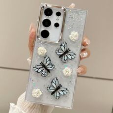 Per Samsung Galaxy S22 Ultra 5G Custodia per telefono in TPU con glitter a farfalla tridimensionale (blu)