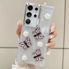 Per Samsung Galaxy S22 Ultra 5G Custodia per telefono in TPU con glitter tridimensionale a forma di farfalla (rosa)