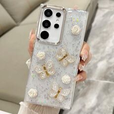 Per Samsung Galaxy S22 Ultra 5G Custodia per telefono in TPU con glitter tridimensionale a farfalla (oro)