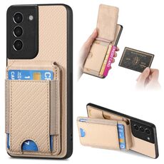 Custodia per telefono con supporto a portafoglio verticale in fibra di carbonio per Samsung Galaxy S22+ 5G (cachi)