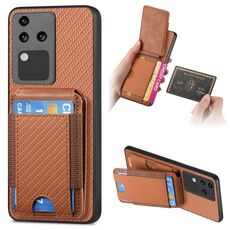 Per vivo S18 Pro Custodia per telefono con supporto a portafoglio verticale in fibra di carbonio (marrone)