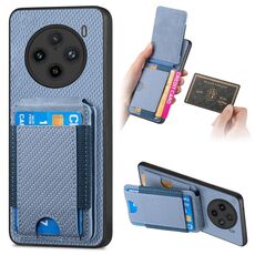 Per vivo X100 5G Custodia per telefono con supporto a portafoglio verticale in fibra di carbonio (blu)