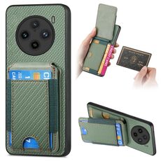 Custodia per telefono con supporto a portafoglio verticale in fibra di carbonio per vivo X100 5G (verde)