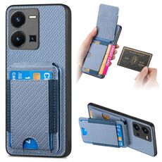 Per vivo Y35 4G Custodia per telefono con supporto a portafoglio verticale in fibra di carbonio (blu)