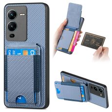 Per vivo V25 Pro Custodia per telefono con supporto a portafoglio verticale in fibra di carbonio (blu)