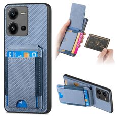 Per vivo V25 Custodia per telefono con supporto a portafoglio verticale in fibra di carbonio (blu)