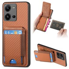 Per vivo V25 Custodia per telefono con supporto a portafoglio verticale in fibra di carbonio (marrone)