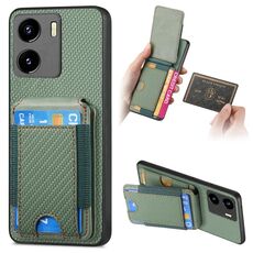 Custodia per telefono con supporto a portafoglio verticale in fibra di carbonio per vivo Y15s (verde)