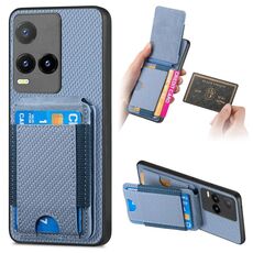 Per vivo Y21s Custodia per telefono con supporto a portafoglio verticale in fibra di carbonio (blu)