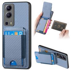 Per vivo Y72 5G Custodia per telefono con supporto a portafoglio verticale in fibra di carbonio (blu)