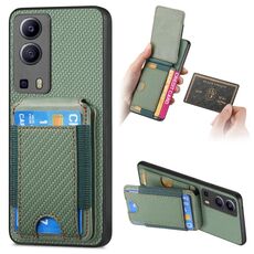 Custodia per telefono con supporto a portafoglio verticale in fibra di carbonio per vivo Y72 5G (verde)