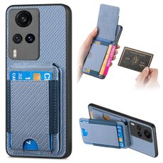 Per vivo X60 Custodia per telefono con supporto a portafoglio verticale in fibra di carbonio (blu)
