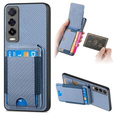 Per vivo Y20 Custodia per telefono con supporto a portafoglio verticale in fibra di carbonio (blu)
