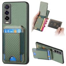 Per vivo Y70s Custodia per telefono con supporto a portafoglio verticale in fibra di carbonio (verde)